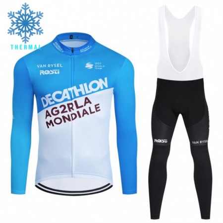 Set Fietsshirt Lange Mouw + Lange Koersbroek 2024 Decathlon Ag2r Winter Thermal Fleece Blauw Wit